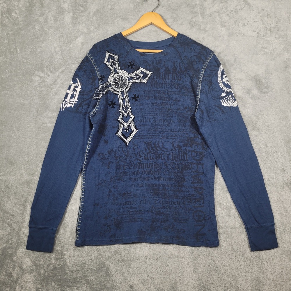 Raw State Thermal Shirt Men L Blue Redemption Gothic Cross Wings MMA Waffle Knit